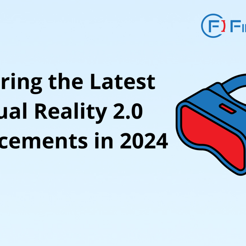 The image is a promotional graphic from FirstIgnite. It features the title "Exploring the Latest Virtual Reality 2.0 Advancements in 2024" in bold black text. On the right side, there's a red and blue VR headset icon. The FirstIgnite logo is positioned at the top right corner.